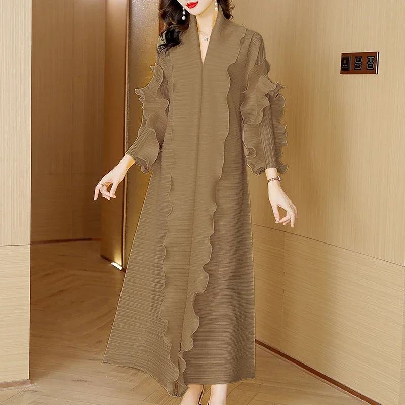 2023 New Joker Casual Dress Women Clothing Miyake Pleated Long-Sleeved Ruffled High-Elastic Boutique Autumn Evening Dresses