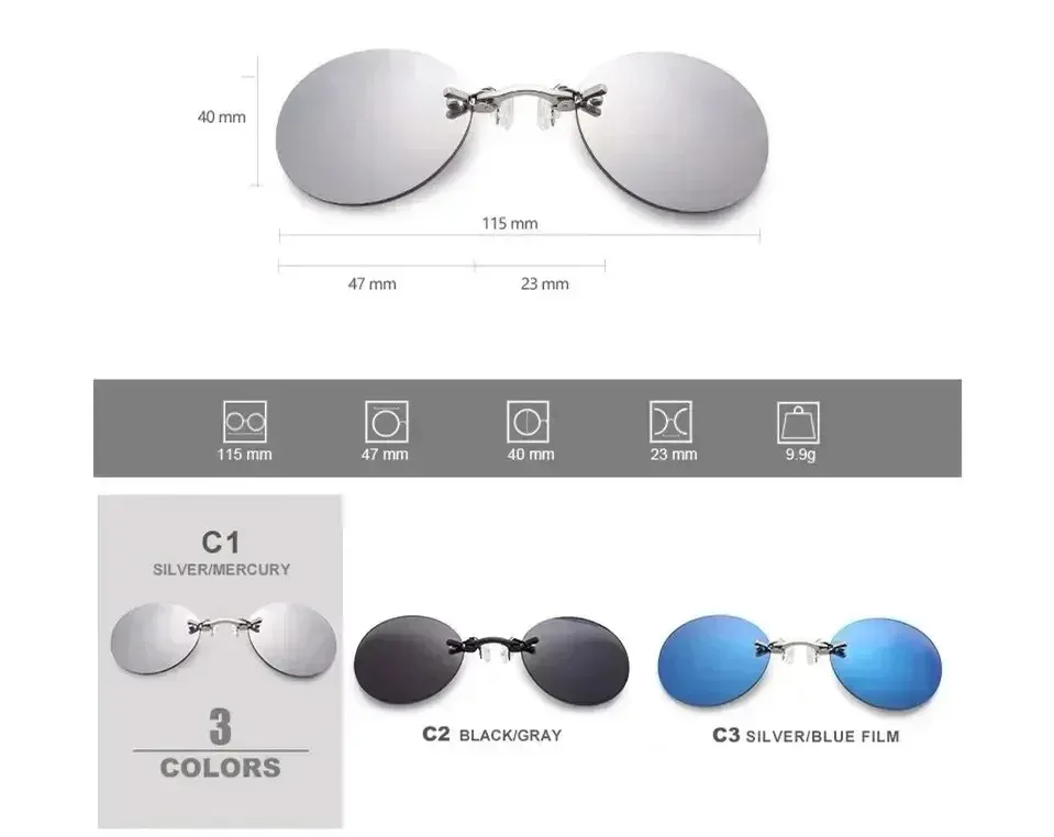 Men's Round Rimless Mini Clip On Nose Glasses Front View