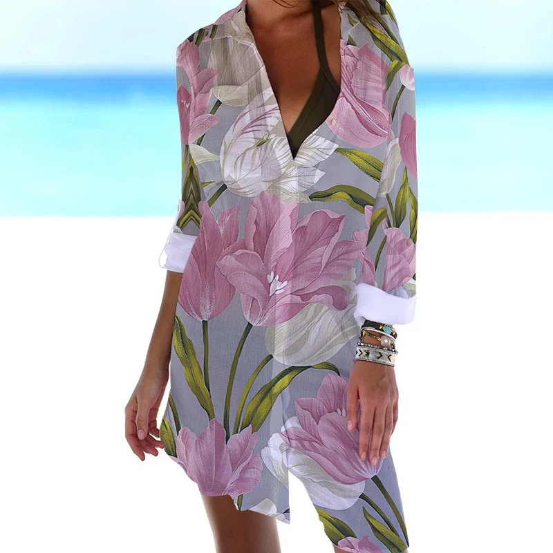 Vestido feminino estampado com flores em 3D, camisa floral sexy praia, casaco manga comprida, regata, vestido de verão, novo