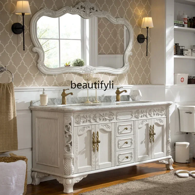 

European-Style Washbasin Cabinet Combination Luxury Red Oak Bathroom Cabinet Double Basin Bathroom Table
