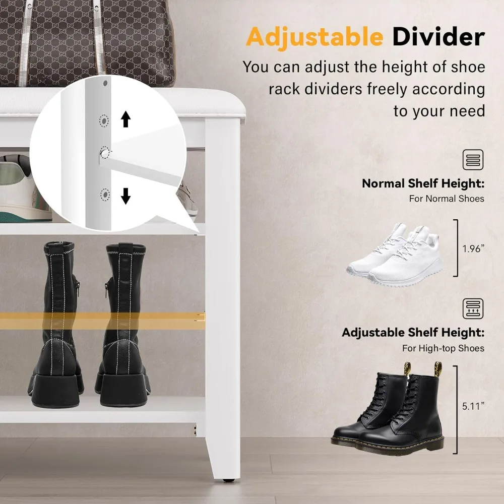 مقعد تخزين الأحذية من الخشب المطاطي مع وسادة جلدية للمدخل، مثالي لرفوف الأحذية في الممر بالقرب من الأبواب الأمامية وغرف الطين