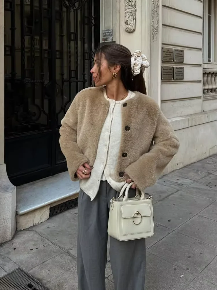 

Solid Mink Fur Coat Women Fashion Round Neck Full Sleeve Single Breasted Loose Short Outerwears New Autumn Commute Street Jacket
