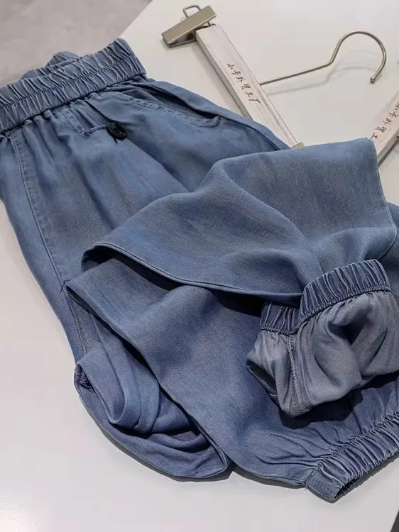 

plus Size Women's Summer New High Waist Loose Harem Long Ice Silk Denim Cuffed Pants Casual Straight Leg Jeans for Big Size