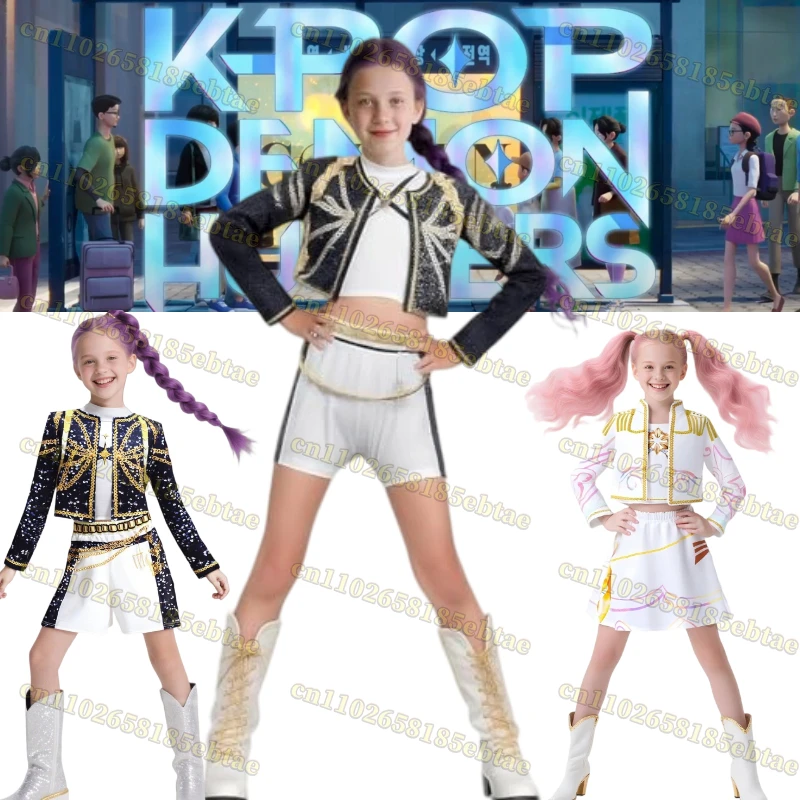 

KPop Demon Hunters Kids Rumi Zoey Mira Cosplay glitter Costume White Uniform Set Huntrix Outfit For Girls Halloween Role Play