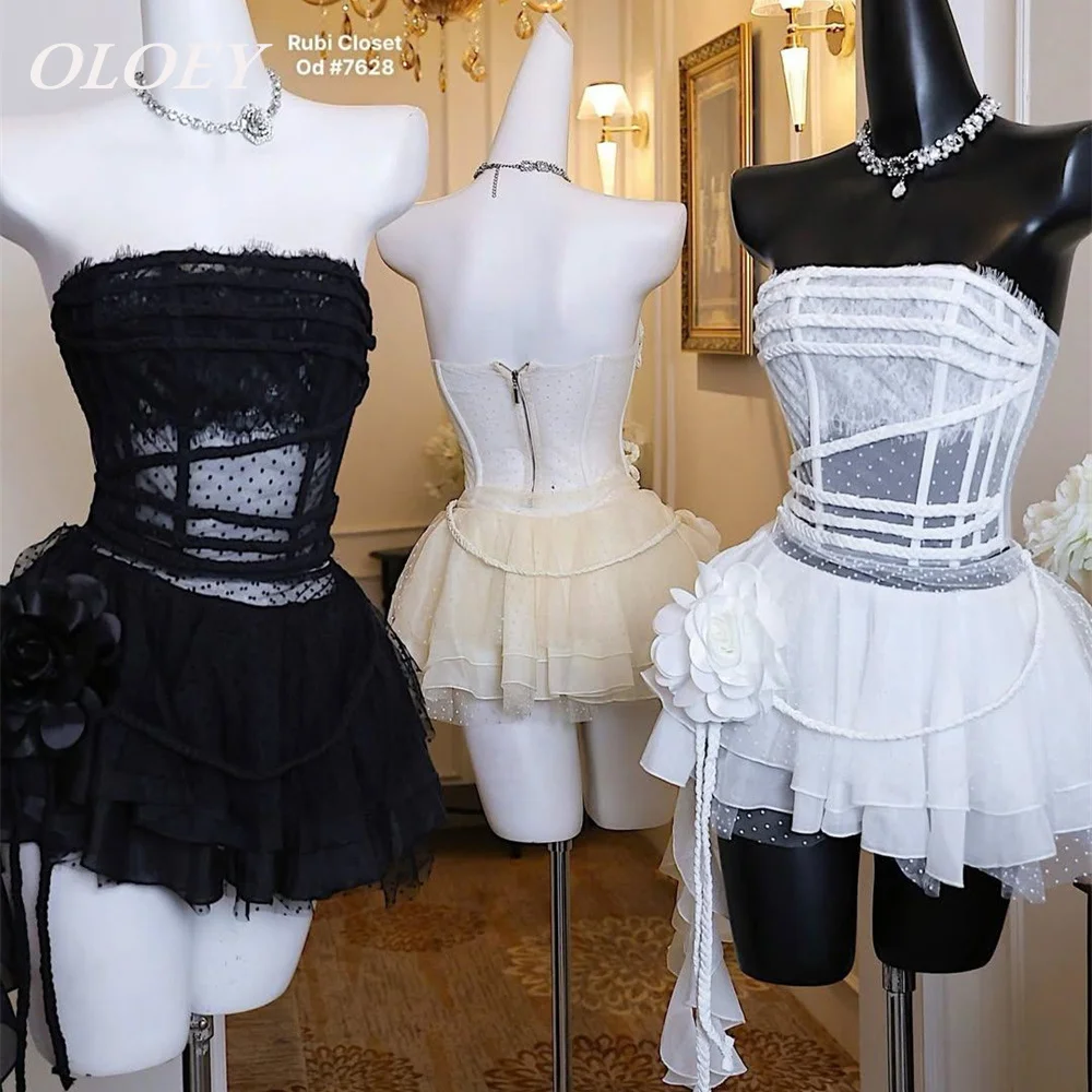 

OLOEY Sexy Illusion Tulle Short Prom Cocktail Dress Set Ruffles Strapless Top A Line Mini Skirt Wedding Party Gown Customized