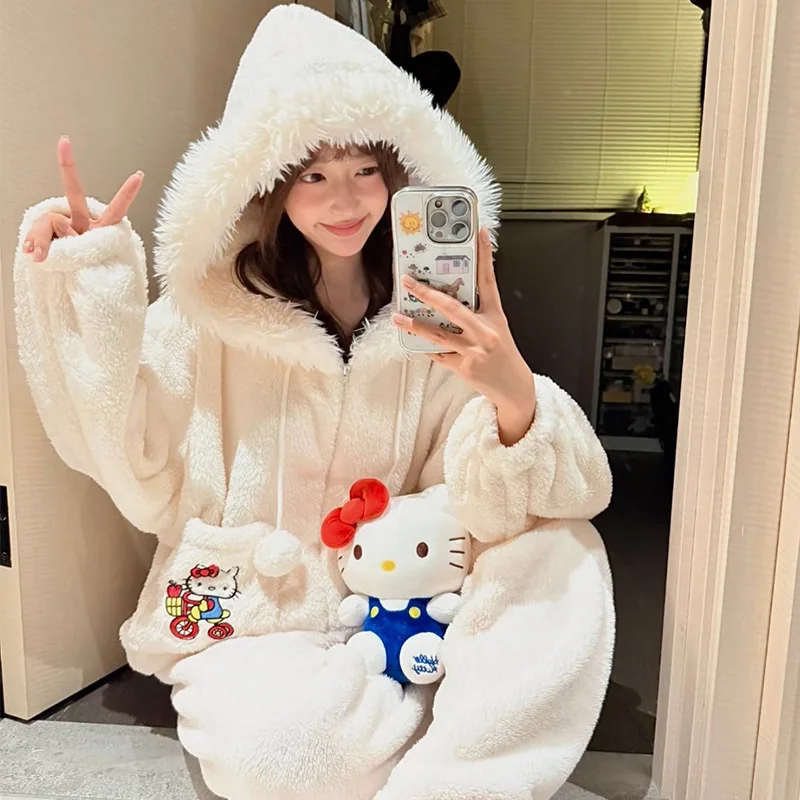 Coral Fleece Sleepwear Set Winter Cute Hello Kitty Anime Women Warm Pajamas Suit Cartoon Nightwear Thicken Cardigan Homewear Set
