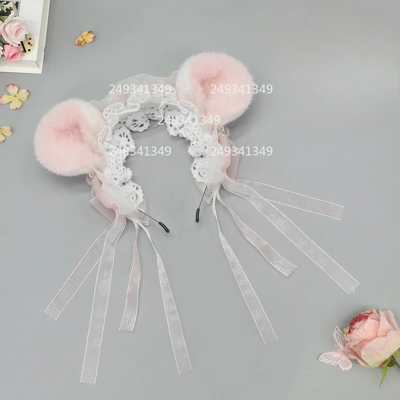 Hamster Ears Cosplay Headwear Sweet Girl Plush Bowknot Tail Lolita Ruffled Lace Dress Up Set Comic-con Stage Costume Accessories
