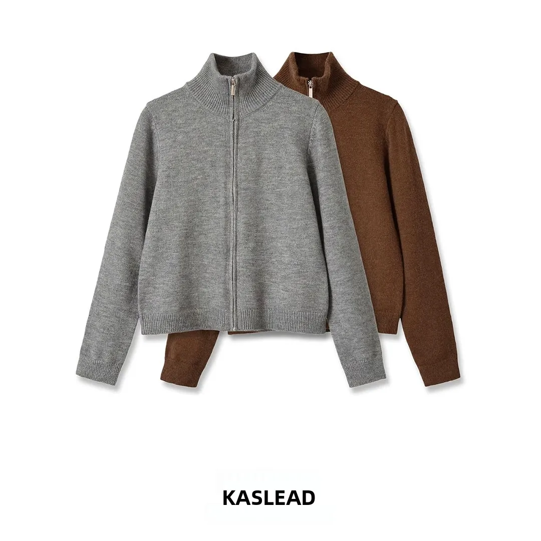 KASLEAD New Women's Fashion High-End Zipper Cardigan Versatile Long Sleeve Polyester Fiber Stand Collar Open Style Outerwear