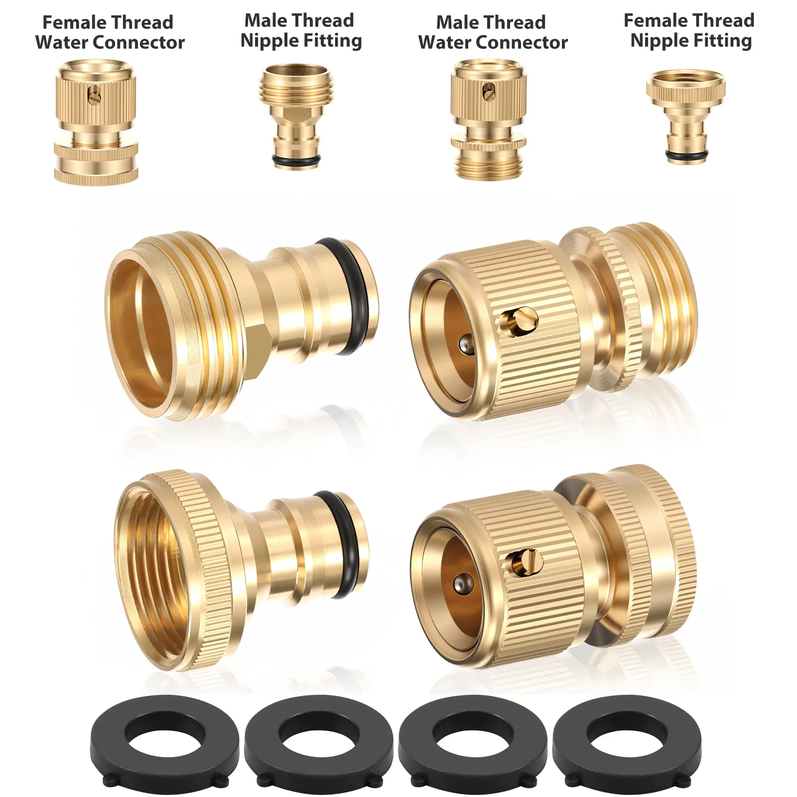 Quick Connect Hose Fittings 3/4" GHT Solid Brass Garden Hose Connectors No-Leak Design Male Female Thread Quick Connector Kit