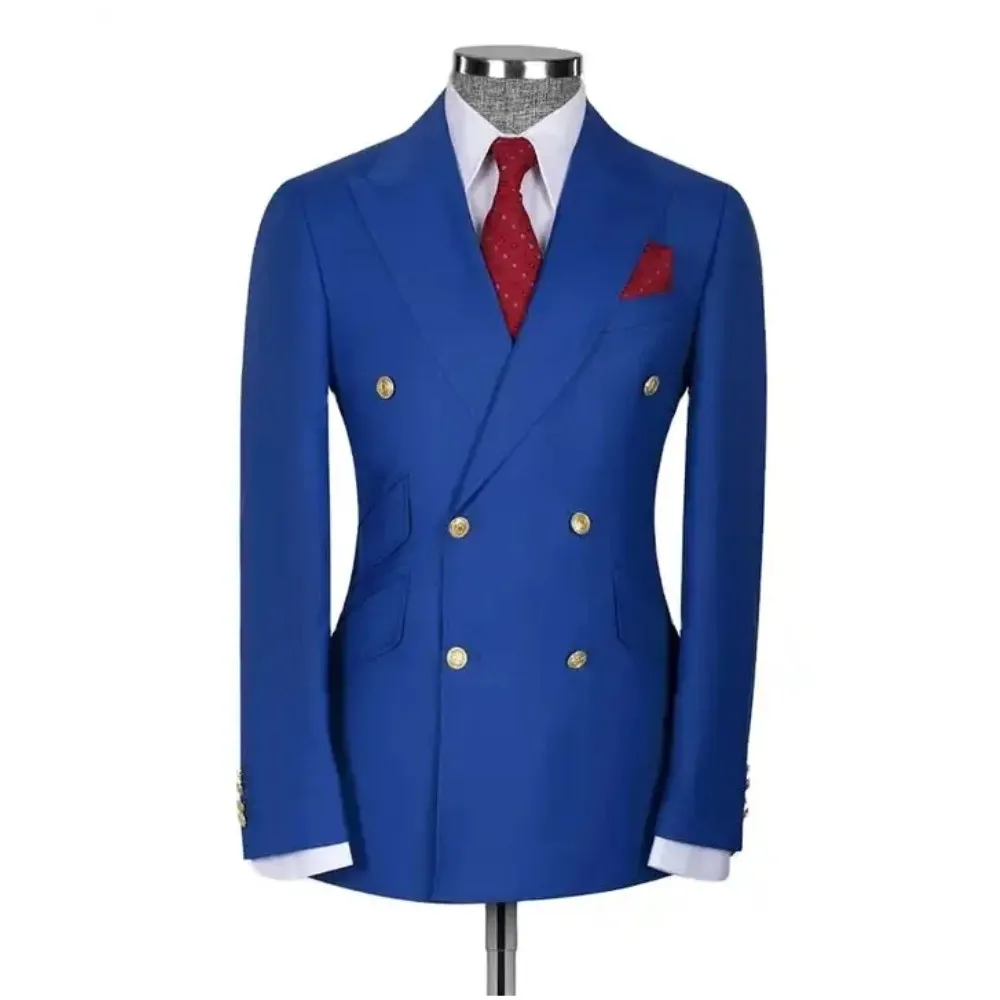 

Royal Blue Men Suits 2 Pieces Slant Pocket Peaked Lapel Blazer Wedding Party Prom Groom Tuxedos Custom Made Male Slim Fit Sets