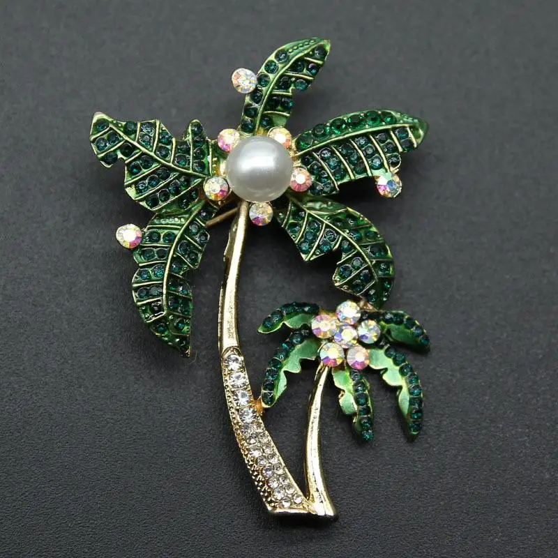 Fashion Green Rhinestone Coconut Tree Brooches For Women Clothing Coat Banquet Party Accessories Gifts