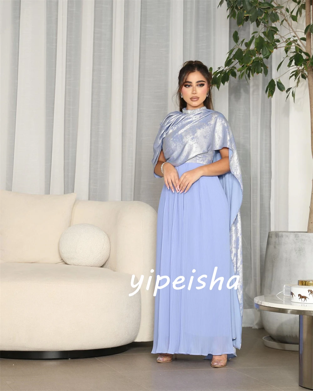 Jersey de noche personalizado con lentejuelas y pliegues para quinceañeras, corte en A, cuello alto, vestido para ocasión a medida, vestidos largos