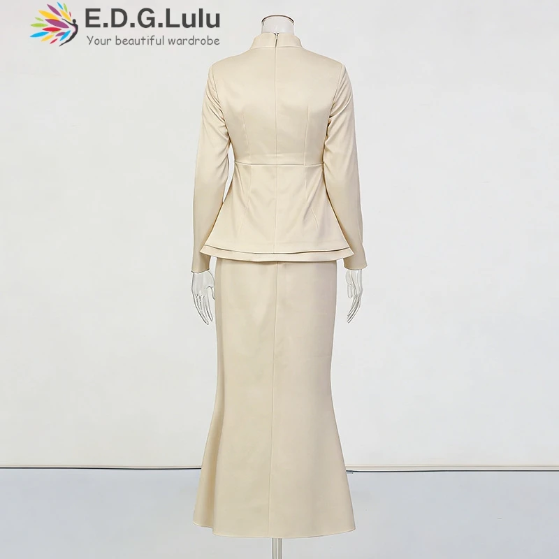 EDGLuLu  Long Sleeved Irregular Top Jacket+High Waisted Long Fishtail Skirt 2 Pieces Set For Woman Outfit Luxury 2026 0531