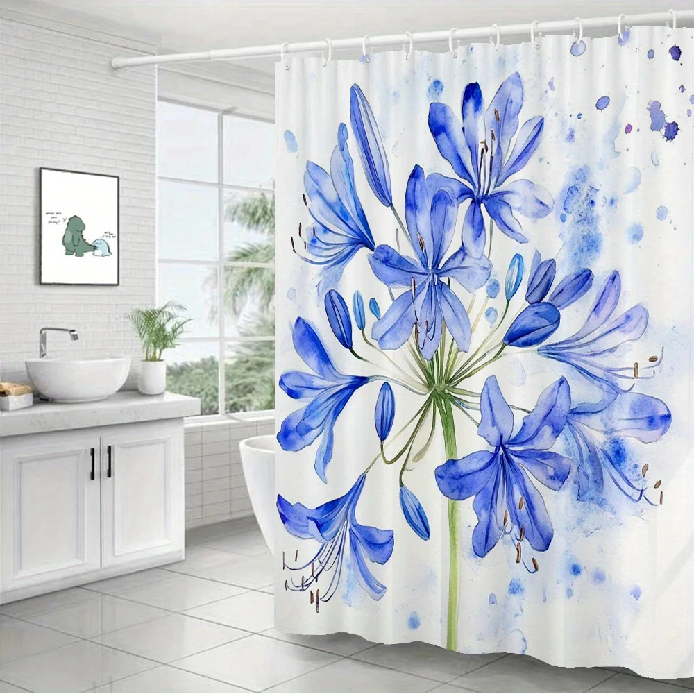 

Акварельная шторка для душа с изображением агапантуса – синий цветочный принт, 2D плоский дизайн, 12 крючков, 70,8×70,8 дюймов, полиэстер, можно стирать в машине.