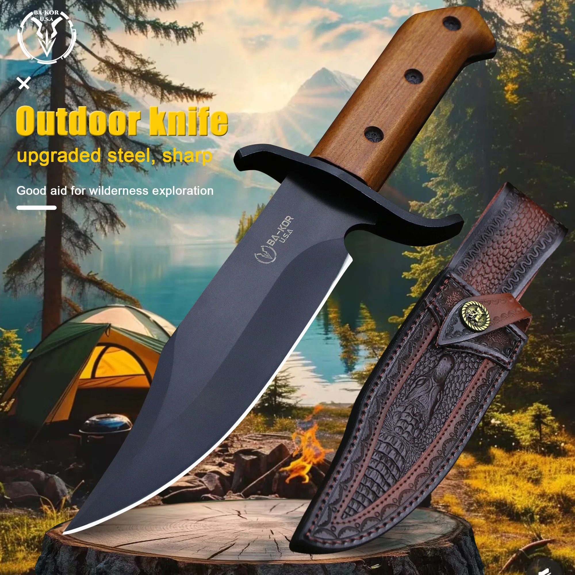 

BA-KOR USA All Tang 9CR18MOV steel outdoor hunting straight knife, jungle survival knife, outdoor camping EDC tool knife