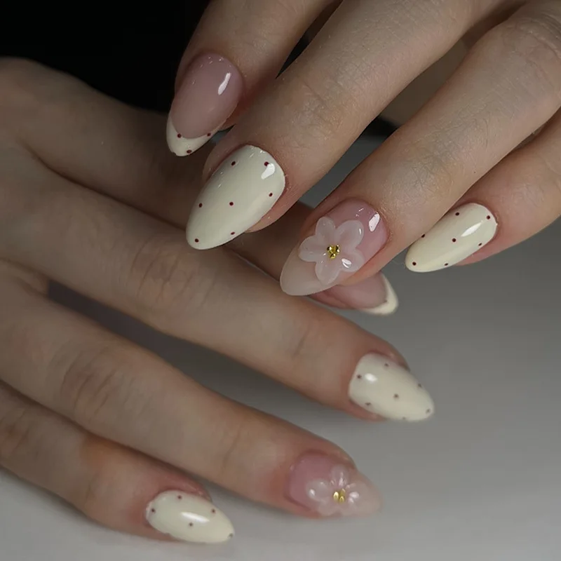 

24Pcs Milk Yellow French Polka Dot False Nails Almond Detachable Nails Set Press on 3D Flower Design Full Cover Fake Nails Tips