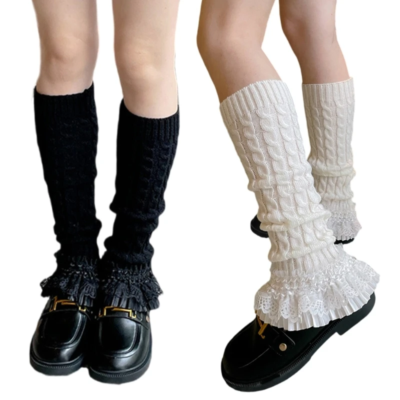 

Women Sweet Ruffle Lace Leg Warmers Fairycore Cable Knit Foot Covers Socks