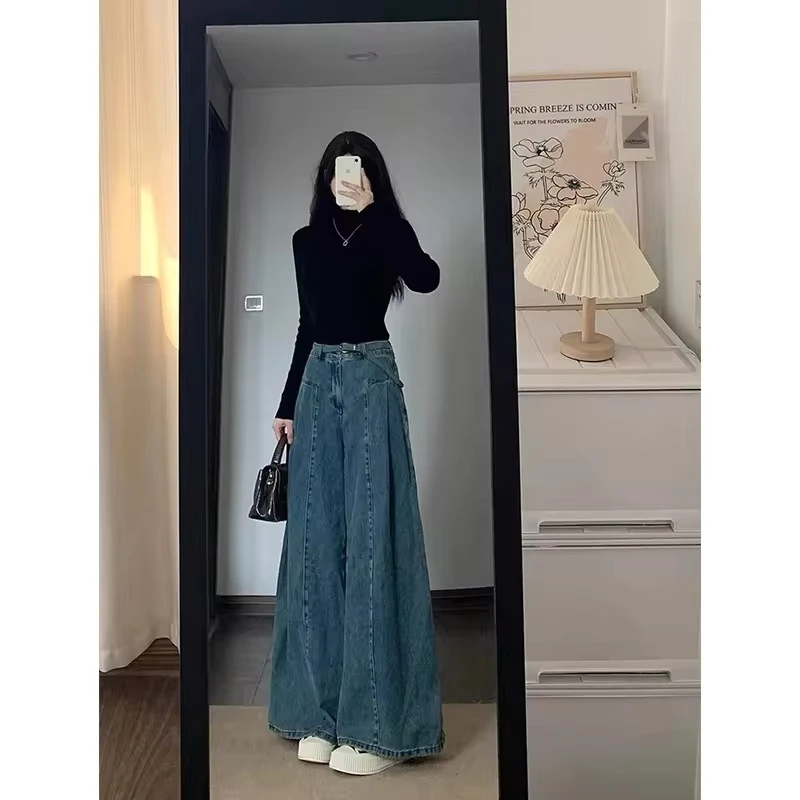Spring Retro Straight Jeans Women's Large Size Fat Mm Pear-shaped Body Loose and Thin High Waist Wide Legs Mopping Pants