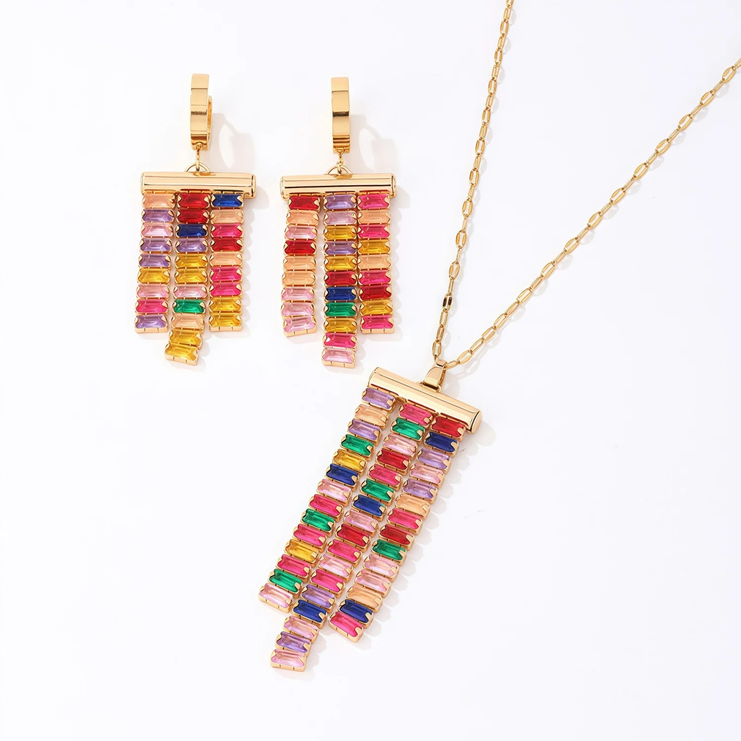 

Earring Necklace Set Square Multicolor Zirconia Gold Plated Jewelry Sets Birthday Gift Women Accessories