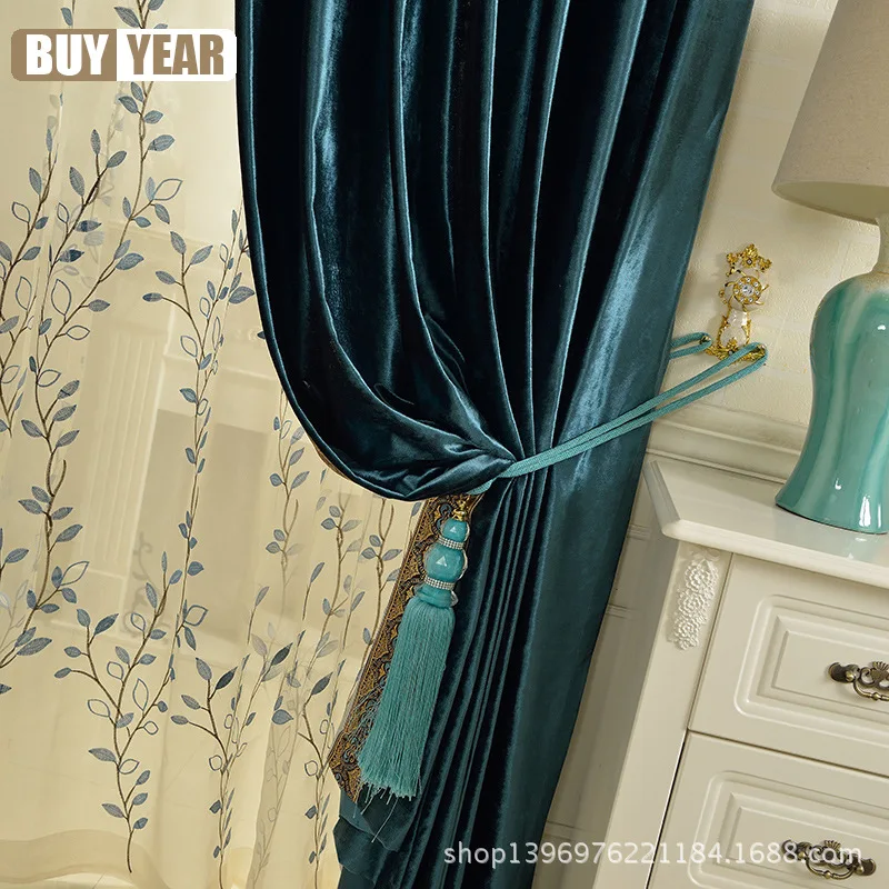 

Peacock Blue Gold Velvet Luxurious Curtains for Living Dining Room Bedroom European Blackout Curtain Customization