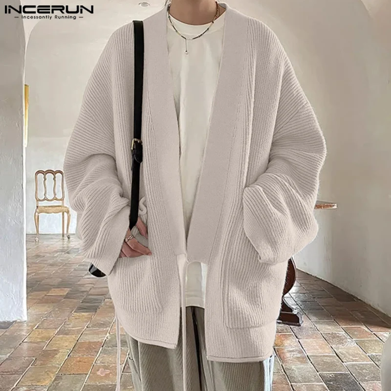 INCERUN Men's Sweater Cardigans Solid Long Sleeve Knitted Cardigans Lace Up Pocket Streetwear Male Loose Kimono Tops S-5XL