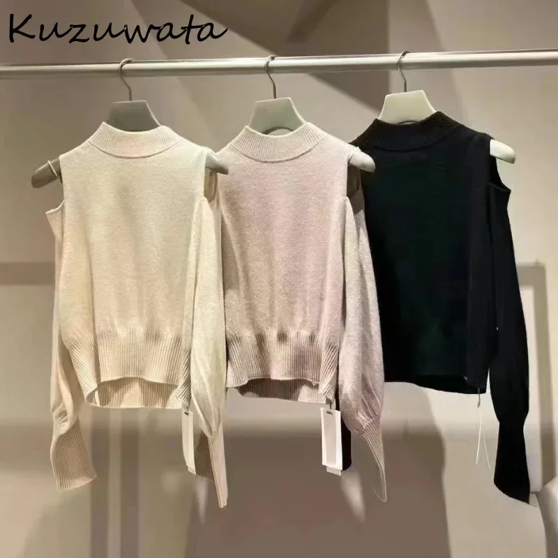 Kuzuwata Japanese O Neck Lantern Sleeve Jumper Shoulder Strapless Solid Elegant Casual Woman Sweaters Knit Pullover Moda Tops