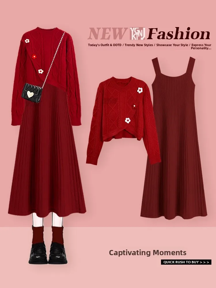 

Красный вязаный свитер, женский зимний новый комплект для похудения Dr, антивозрастной комплект из двух предметов, моющийся длинный цветочный узор...