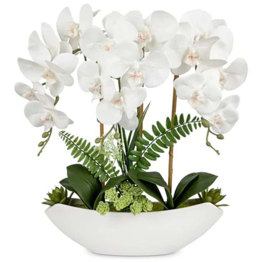 White Artificial Orchid 18in Silk Flowers with Ceramic Pot Faux Orchid Arrangement for Home Office Room Coffee Table Centerpiec