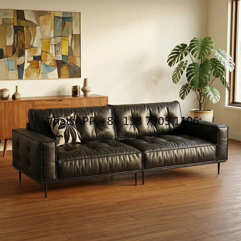 

French retro ecological leather sofa in-line top layer cowhide black sofa vintage living room