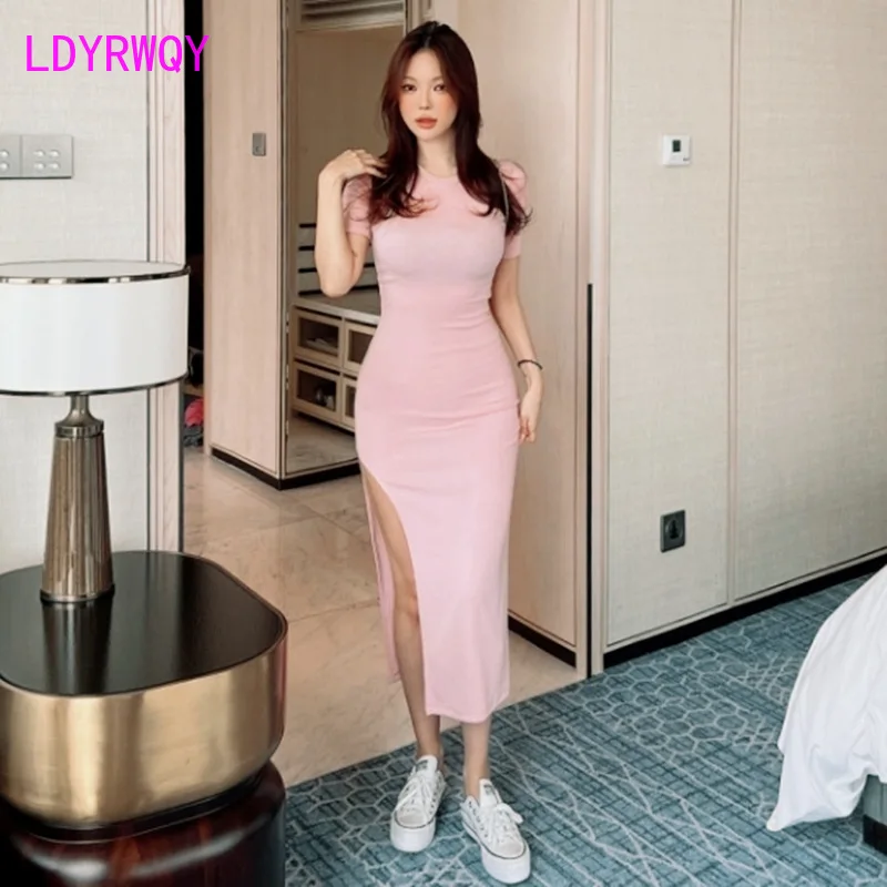 

South Korea 2022 spring and summer new slim sexy round neck show figure side slit show leg long undergarment dress