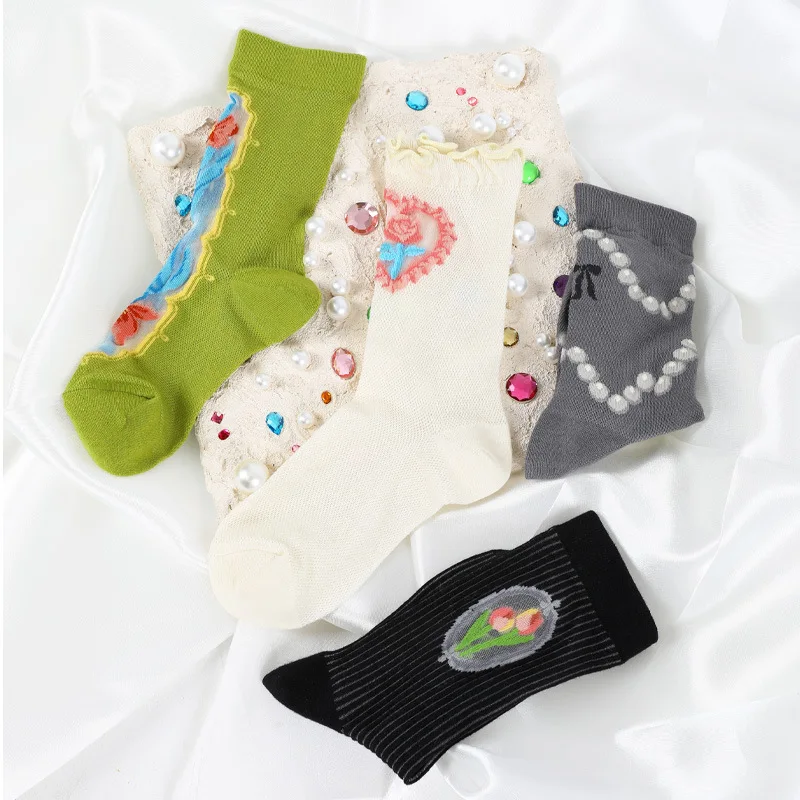 

Vintage Flower Socks Children's Summer Ultra Thin Glass Fiber Mid tube Socks Sweet and Personalized Trendy Socks