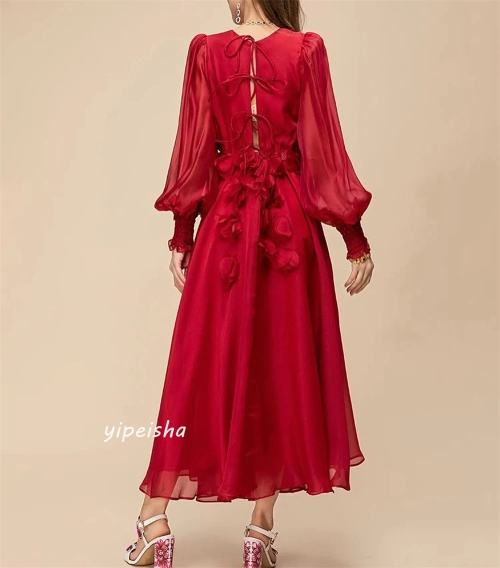 Jiayigong  Satin Pattern Ruched Valentine's Day A-line V-neck Bespoke Occasion Gown Midi Dresses