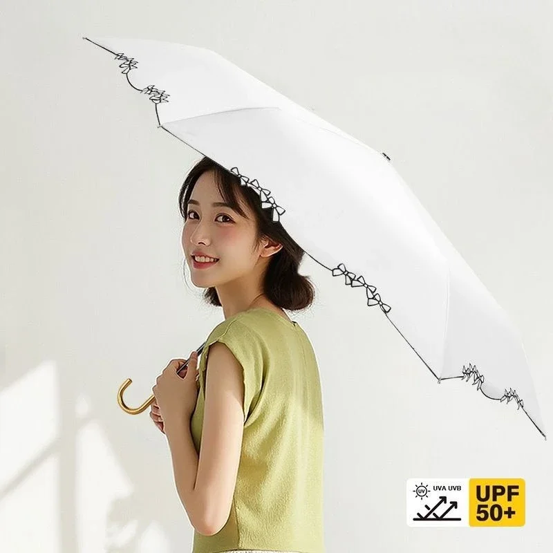 

Зонт от солнца с тройной ручкой, портативный складной зонт от солнца с вышивкой, защита от ультрафиолета, подходит как солнечный и дождливый день.