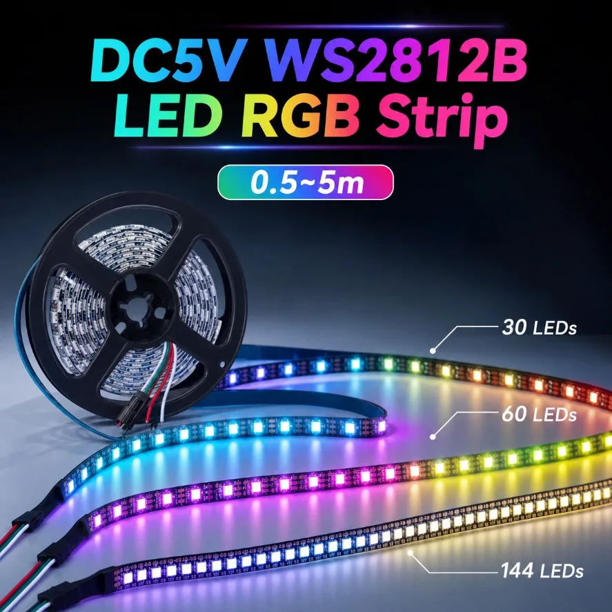 DC5V LED RGB Strip Light 0.5‑5m Flexible Individually Addressable Smart Pixel Tape Light 30/60/144LEDs/m for DIY Decor Lighting