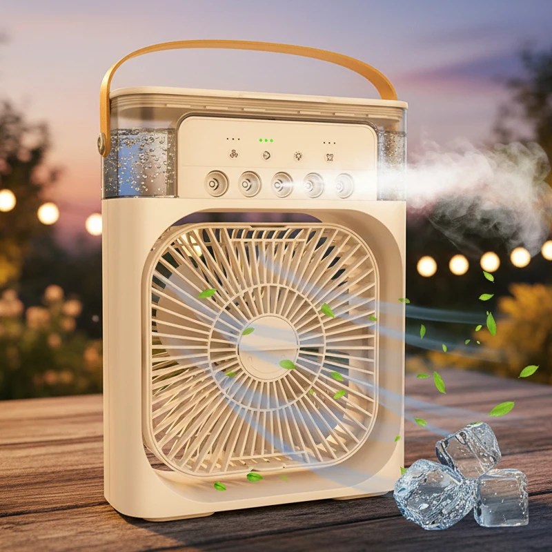 The new portable multifunctional compact fog fan suitable for home offices, featuring spray and timer functions.