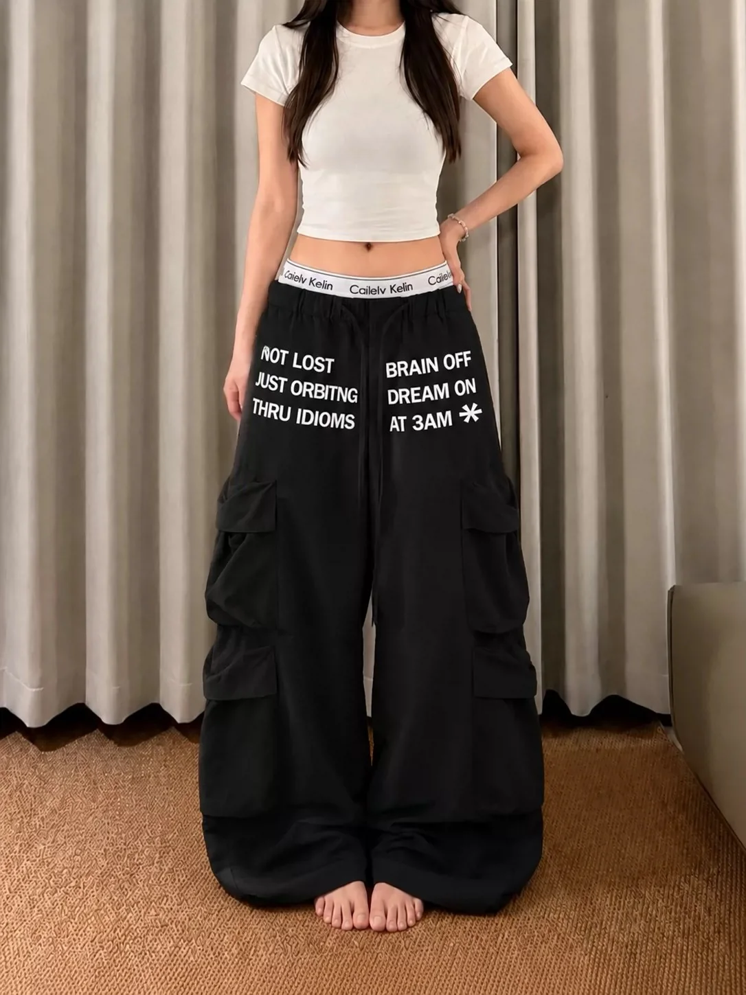 Retro American Letter Print Multi-Pocket Paratrooper Casual Pants Women Loose Slimming Trendy Street Dance Wide Leg Workwear