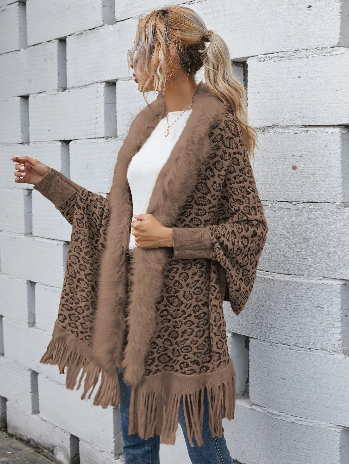 Tassel Faux Fur Loose Cardigan Knit Sweater Women Leopard Jumpers Autumn Winter Maxi Coat Soft Coat Long Knitted Jacket