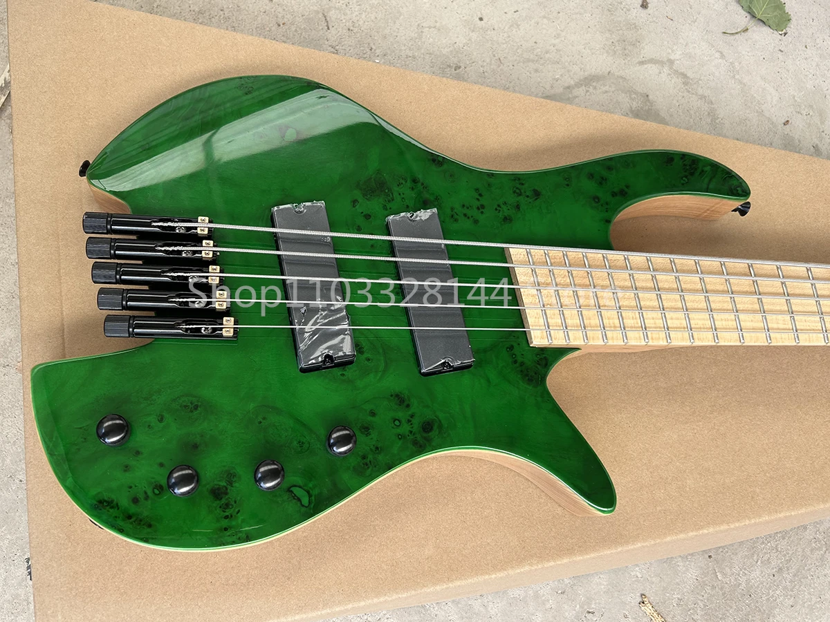 Factory Headless Green Fanned Frets 5 Strings Electric Bass Guitar Burl Maple Veneer Ash Body Customizable