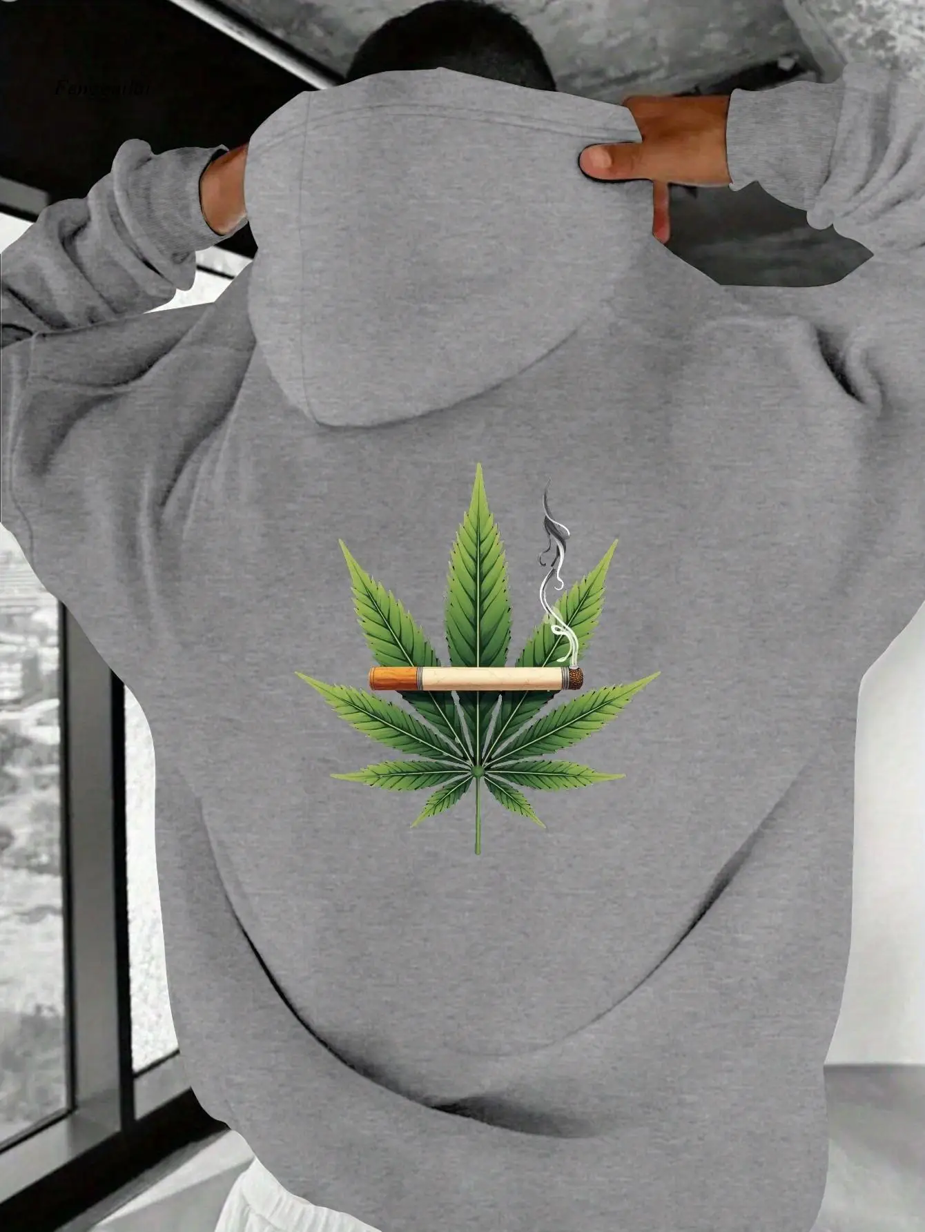 Hooded Sweatshirt with Green Leaf & Joint Print - Casual, Loose Fit, Long Sleeve, Non-Stretch Fabric, Casual Wear