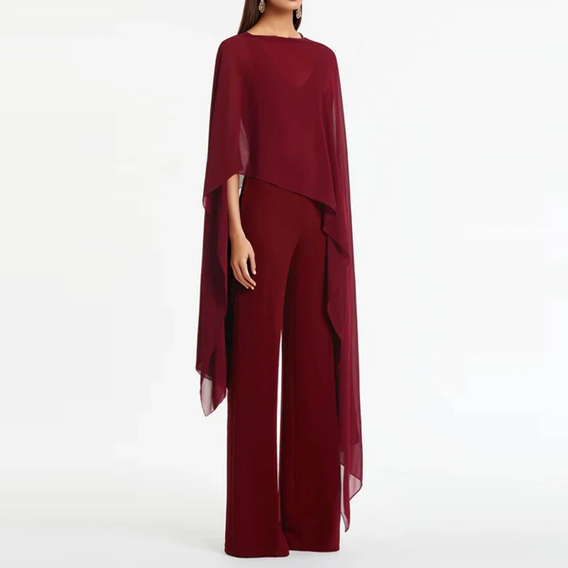 

Модный женский комплект из двух предметов: комбинезон с круглым вырезом и накидка-пуловер, элегантный, с завышенной талией, повседневный, из шифона, однотонный