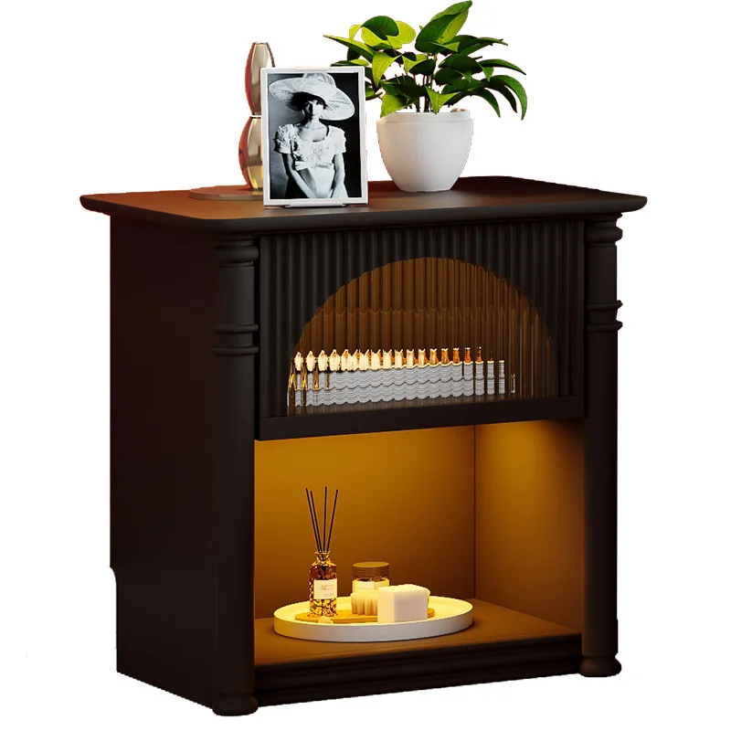 

French retro bedside table, solid wood simple modern bedside table, bedroom mini small, storage locker glass door
