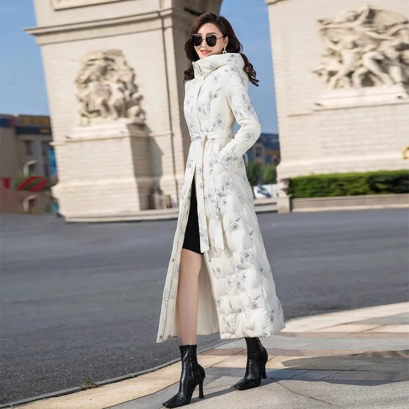 High-End Long White Down Jacket Womens 2024 New Autumn Winter Down Coat Hooded Parkas Fashion Slim Oversized Female Outerwear