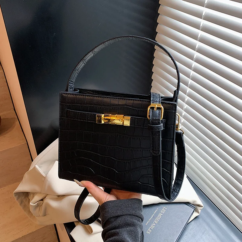 Borsa a tracolla da donna in rilievo coccodrillo, elegante borsa con chiusura a serratura, borsa a tracolla stile vintage, lussuosa e chic