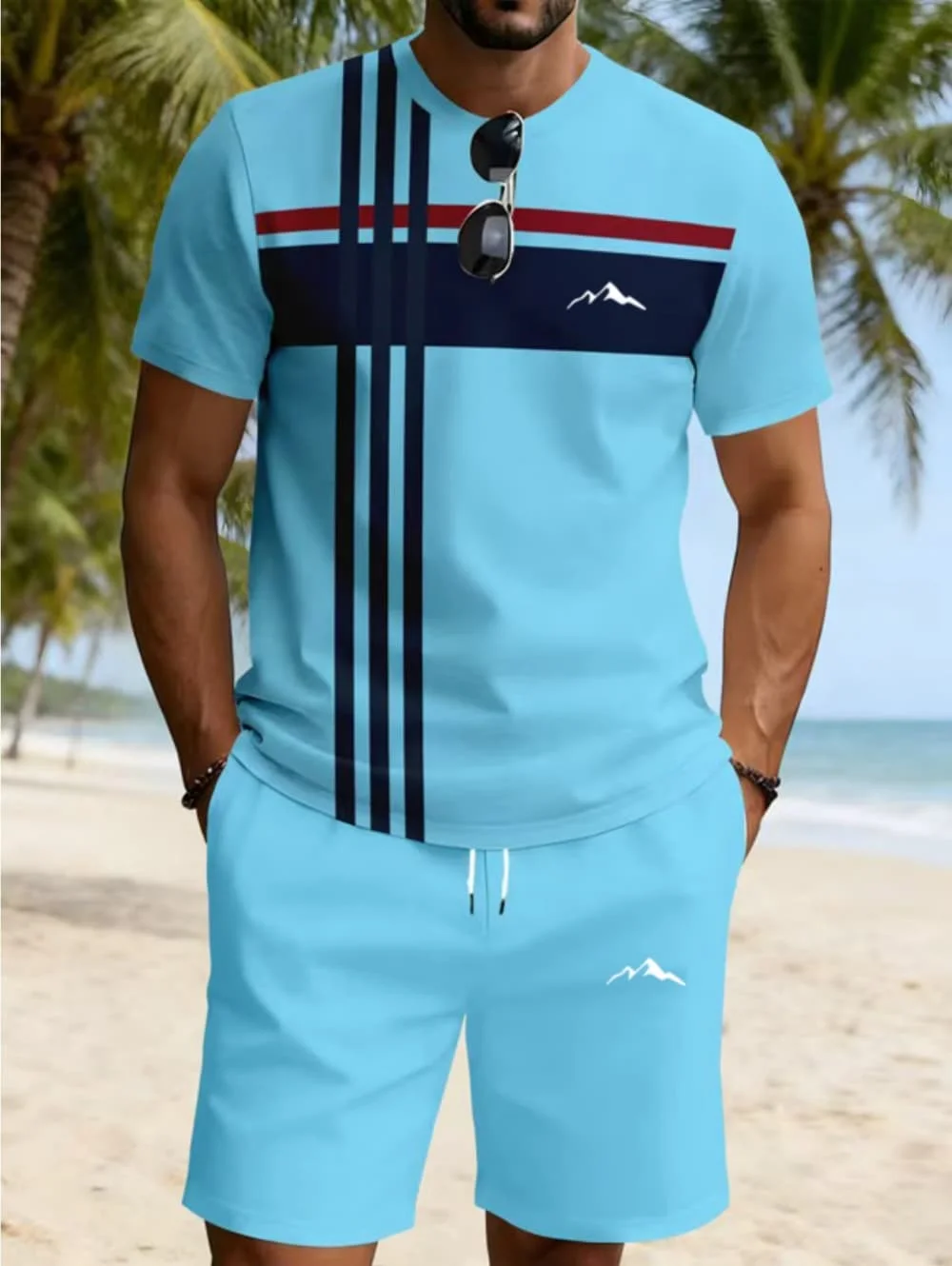 2026 Summer New Arrival Men's Casual Two-Piece Set Striped 3D Print Short-Sleeve Shirt and Athletic Shorts Set Men's Fitness Set view 5