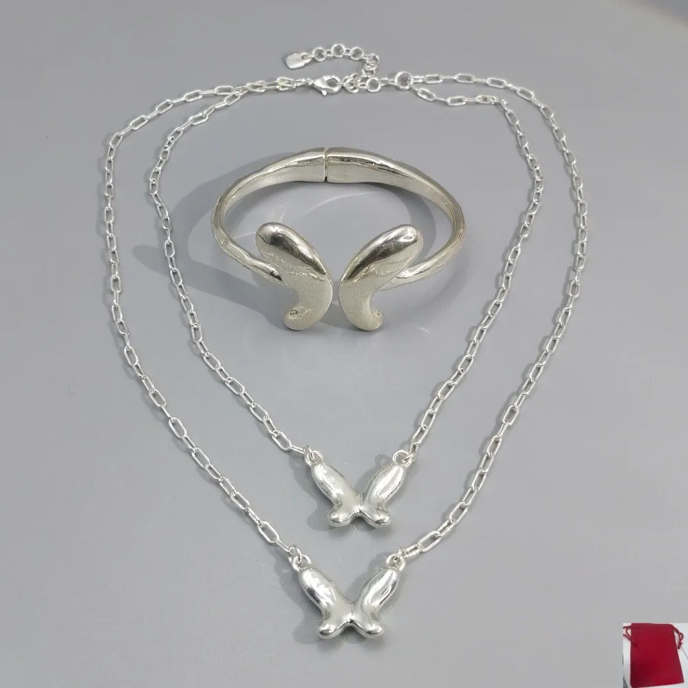 2026 Spain Personality Charm Gold Silver Butterfly Bracelet Double layer Necklace Jewelry Set Creative Gift