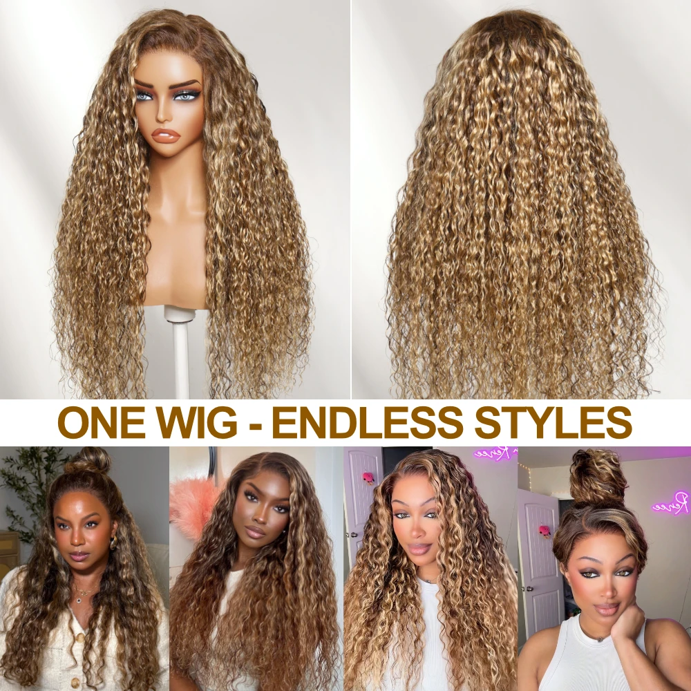 UNice No-Slip 13x4 Lace Frontal Honey Blonde Highlights Water Wave Human Hair Wig Pull & Go Drawstring Glueless Wig 150% Density