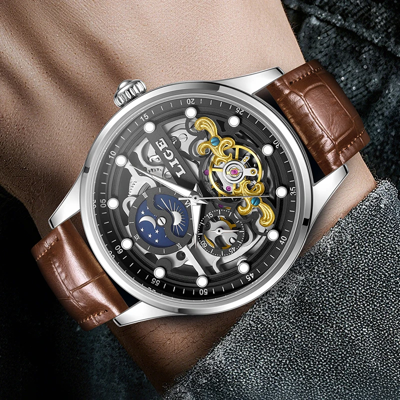 LIGE Hollow Mechanical Wristwatch for Men Fashion Leather Waterproof Watch Men Casual Business Luminous Automatic Men's Watches