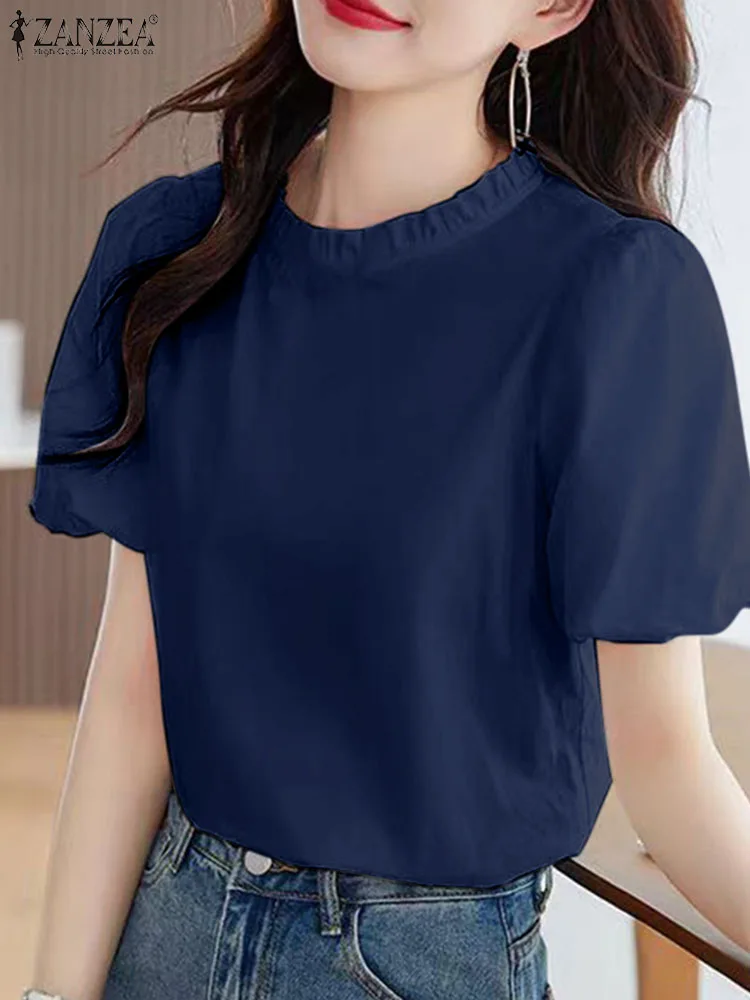 ZANZEA 2024 Summer Women Blouse Korean Fashion Puff Short Sleeve Tops Elegant Stand Ruffled Neck Tunic Sweety Loose Solid Blusas