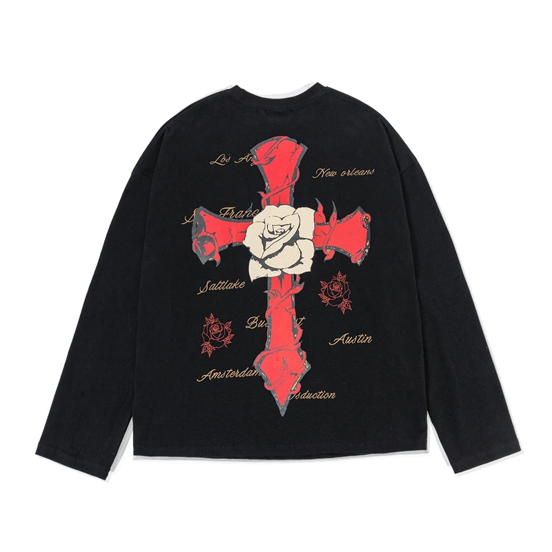 Men Autumn Long Sleeve T-Shirt Cross Rose Print Pull on Crew Neck Casual Streetwear Hip Hop Vintage Tee Shirt Oversized Tops Y2k