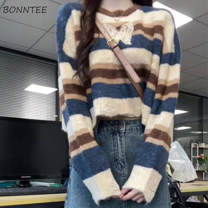 

Crop Knitted Sweaters Women Striped Streetwear Vintage Cozy Pullovers Loose Butterfly Print Fluffy All-match Stylish Comfortable